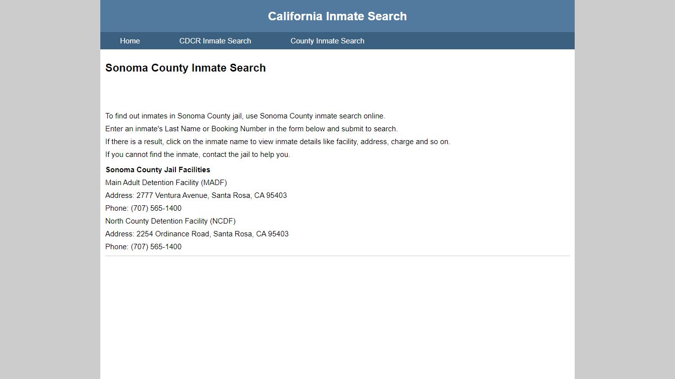Sonoma County Inmate Search